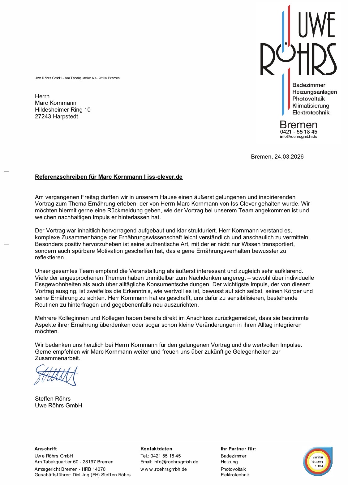 Referenzschreiben - Uwe Röhrs GmbH, Bremen